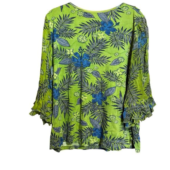 Multiples Top Women XL Green Multicolor Boho Artsy Floral Bell Sleeves Blouse - Picture 6 of 8